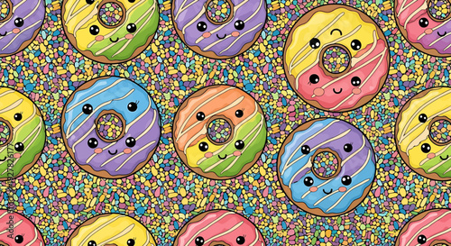 Cute Kawaii Donuts Seamless Pattern with Rainbow Colors and Sprinkles