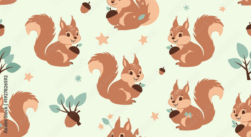 Obraz premium Cute Squirrels Seamless Pattern with Acorns and Stars
