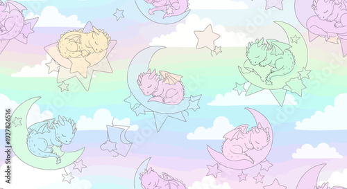 Cute Sleeping Dragon seamless pattern, pastel rainbow sky, moon, stars, clouds