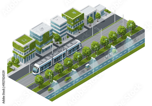 Eco-friendly city transport with modern tram and green buildings, promoting sustainable urban living and smart city development