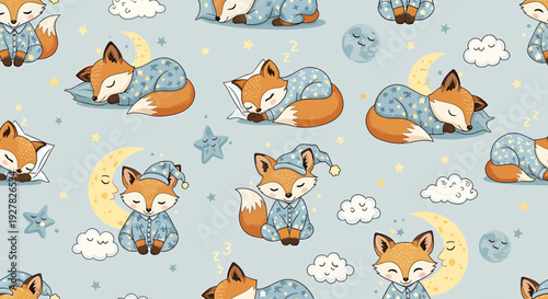 Cute Sleeping Fox Pattern, Baby Animals, Night Sky, Moon, Stars, Clouds, Seamless Textile