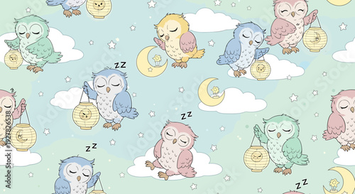 Cute Sleeping Owls Seamless Pattern - Baby Night Sky Clouds Moon Stars Lanterns