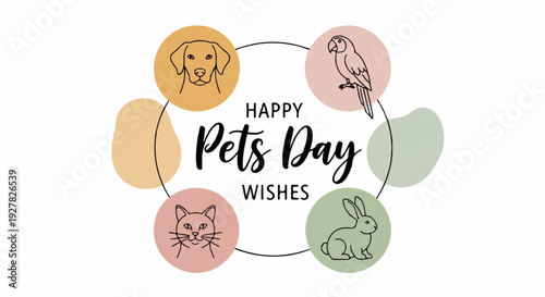 Happy pets day wishes with colorful animal icons in a circle