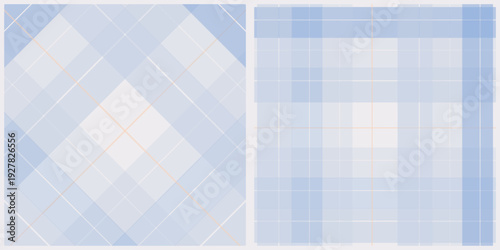 Two blue and white plaid patterns on textile fabric, geometric backgrounds for design