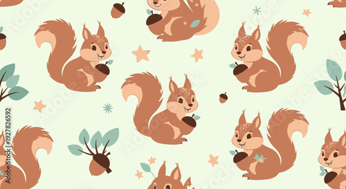 Cute Squirrels Seamless Pattern with Acorns and Stars
