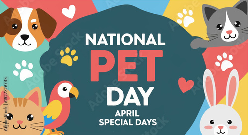 National pet day celebration with cute animals and paw prints on colorful background