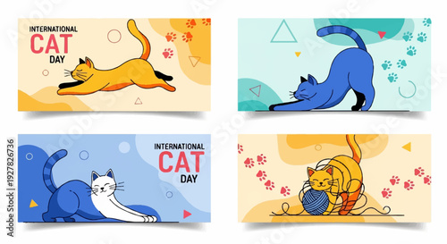 Playful cats celebrate international cat day with colorful illustrations and joyful movements
