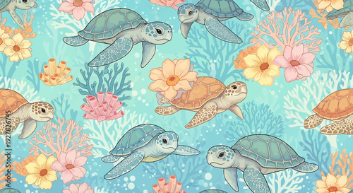Seamless Sea Turtle Pattern with Coral and Flowers