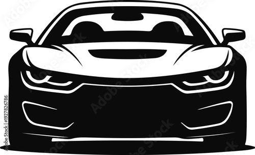 Stylized black and white graphic illustration of a modern sports car front view