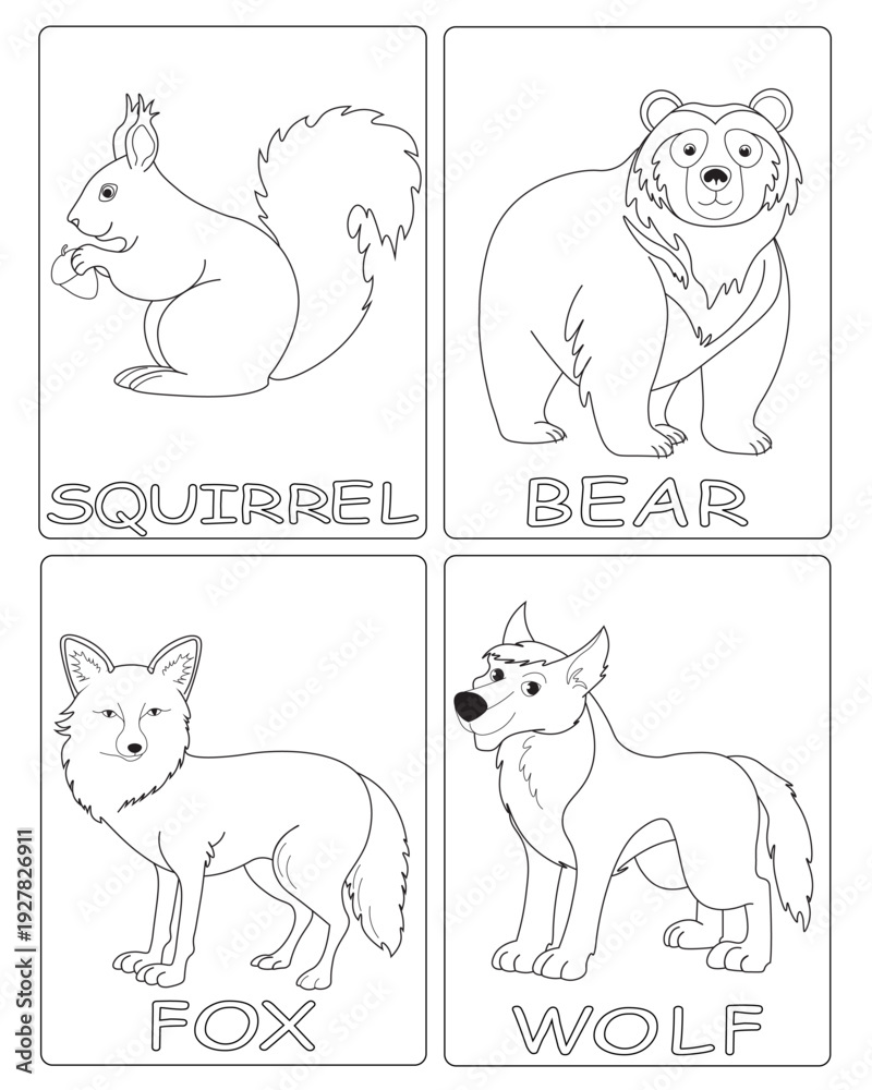 Fototapeta premium Black and white drawings for children's coloring. illustrations of wild animals creatures. image of squirrel, bear, fox, wolf. vector graphics for kids education.