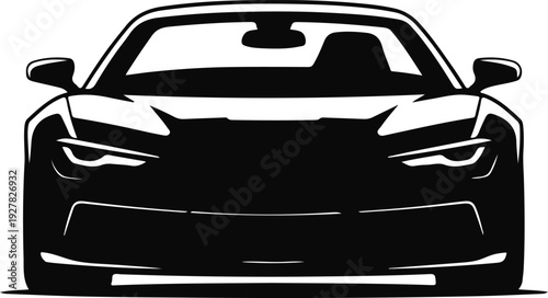 Stylized black and white vector illustration of a modern sports car front view isolated on transparent background