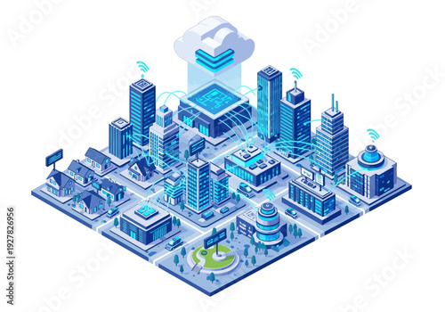 Futuristic smart city with interconnected buildings and cloud computing technology, representing the concept of IoT and advanced urban infrastructure