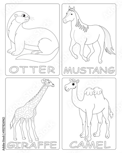 Black and white drawings for children's coloring. illustrations of wild animals  creatures. image of otter, mustang, giraffe, camel. vector graphics for kids education.