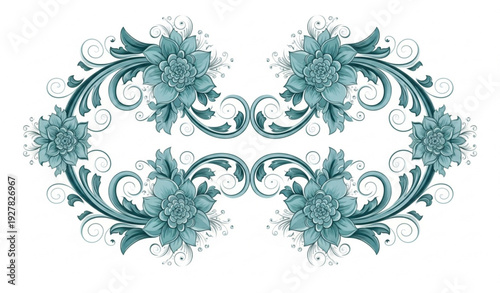 Elegant Ornamental Seamless Floral Pattern with Large Blossoms and Teal Vine Swirls on White Background