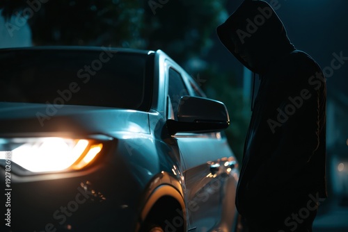 Mysterious figure by car under night streetlamp