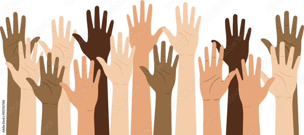 Fototapeta premium Diverse raised hands symbolize unity, participation, and community.