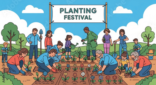 People gardening together at a community planting festival with a sign and trees in the background on a sunny day