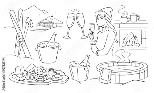 Winter Après-Ski Lifestyle Vector Illustration Set with Skiing Equipment, Mountains, People Celebrating, Champagne, and Cozy Fireplace Elements