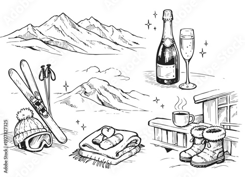 Winter Après-Ski Lifestyle Vector Collection with Skiing Equipment, People Celebrating with Drinks, Snowy Mountains and Cozy Resort Elements