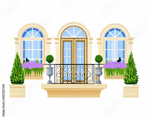 Elegant building facade with arched windows balcony and lush greenery