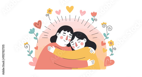 A funny cartoon illustration of a smiling girl with shopping bags playing with a toy dog and a flower while a happy child and baby share the childhood fun