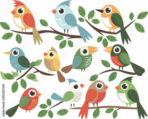 Colorful cartoon birds perched on a branch with green leaves