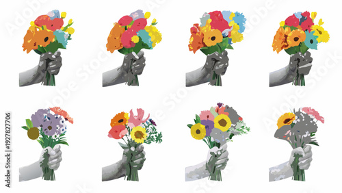Four pairs of hands each holding a colorful bouquet of flowers