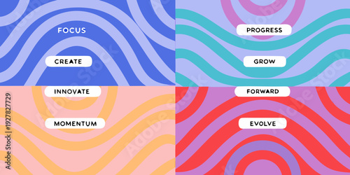 Colorful abstract waves with motivational words in a grid layout