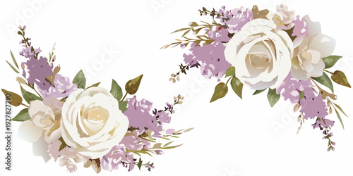 Elegant floral arrangement featuring white roses and lavender accents
