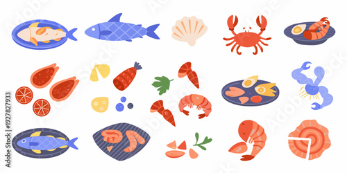Colorful cartoon illustration of various seafood and shellfish elements