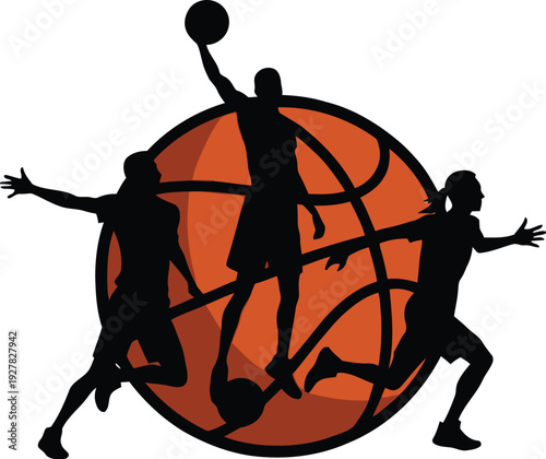 Three basketball players in action silhouettes with orange ball