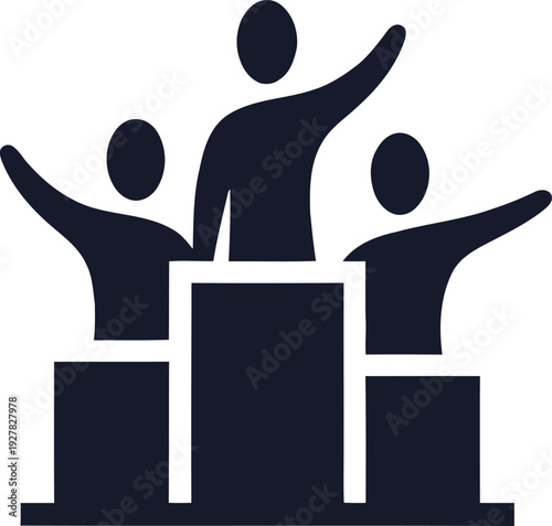 Three people standing on podium with arms raised in celebration  winners podium with three people on top