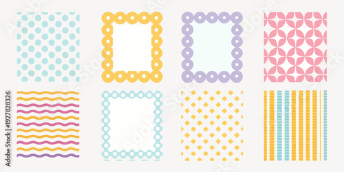 Colorful geometric patterns and borders arranged in a grid formation
