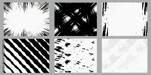 Six abstract black and white brushstroke patterns arranged in a grid