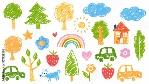 Colorful childlike drawing featuring trees a sun and various objects