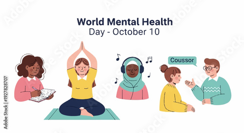Diverse people practicing mindfulness and self care on world mental health day october 10 promoting wellness and mental awareness through meditation and relaxation techniques
