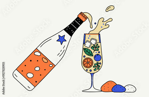 Cartoon illustration of champagne bottle pouring into glass with fruit