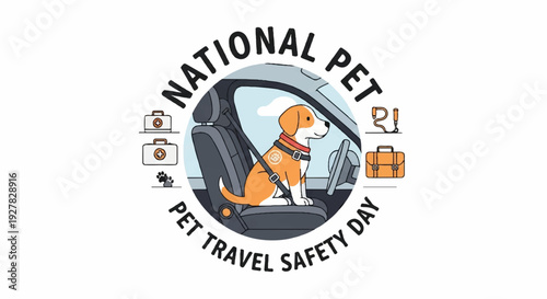 National pet travel safety day logo with dog in car seatbelt luggage and safety icons
