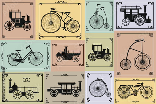 Vintage transportation silhouettes on pastel backgrounds