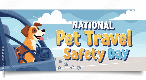 Happy dog wearing seatbelt in car for national pet travel safety day with blue sky background