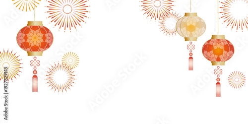 春節のランタンと花火の背景イラスト素材 ベクター 灯籠 白背景
