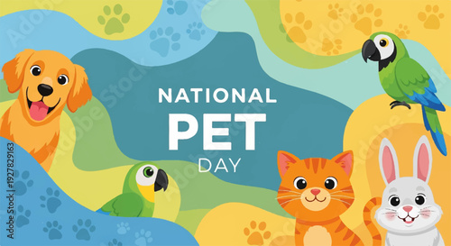 National pet day celebration with colorful animals pets and parrot