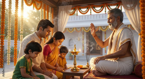 Indian Family Receiving Blessings from a Priest During a Religio