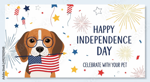 Beagle dog holds american flag on independence day with fireworks and stars
