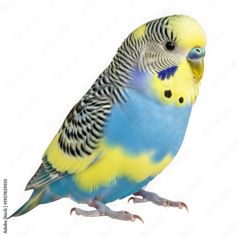 Fototapeta premium Vibrant blue and yellow parakeet with black stripes on transparent background isolated on transparent background