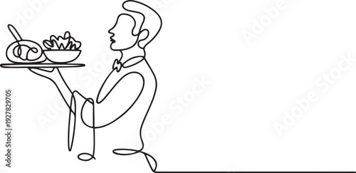 Menu. Bon appetit. meat with vegetables dish. Vegetable salad. One continuous line drawing. The waiter carries food on a tray. Food in a restaurant. one line Icon drawing
