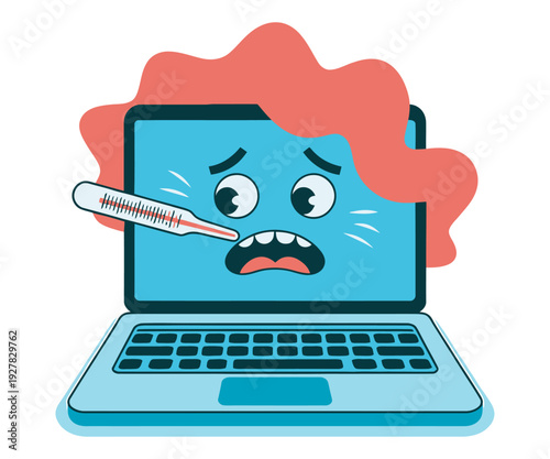 Sad laptop computer with thermometer, feeling unwell and sick illustration