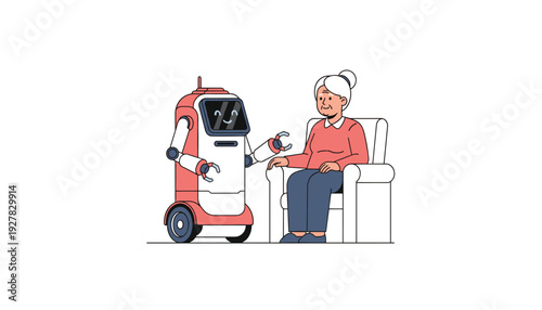 Friendly robot assisting senior citizen in modern home setting