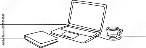 One continuous line drawing of computer laptop, book and a cup of coffee. Study space desk concept. one line Icon drawing