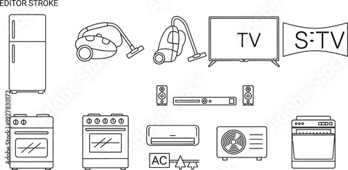 Collection of essential household appliances and electronics shown as simple black line art icons for modern home equipment catalogs or design projects.